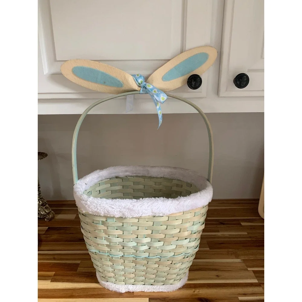Vintage Woven Wood Easter Basket Bunny Ears Mint Green Cottagecore Fairycore Y2K